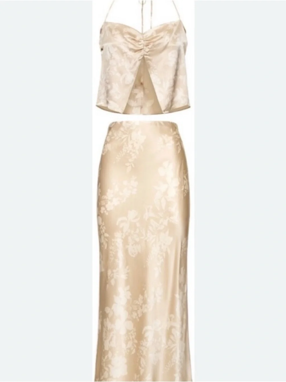 Reformation Champagne Beba Silk Satin Top & Midi Skirt Set